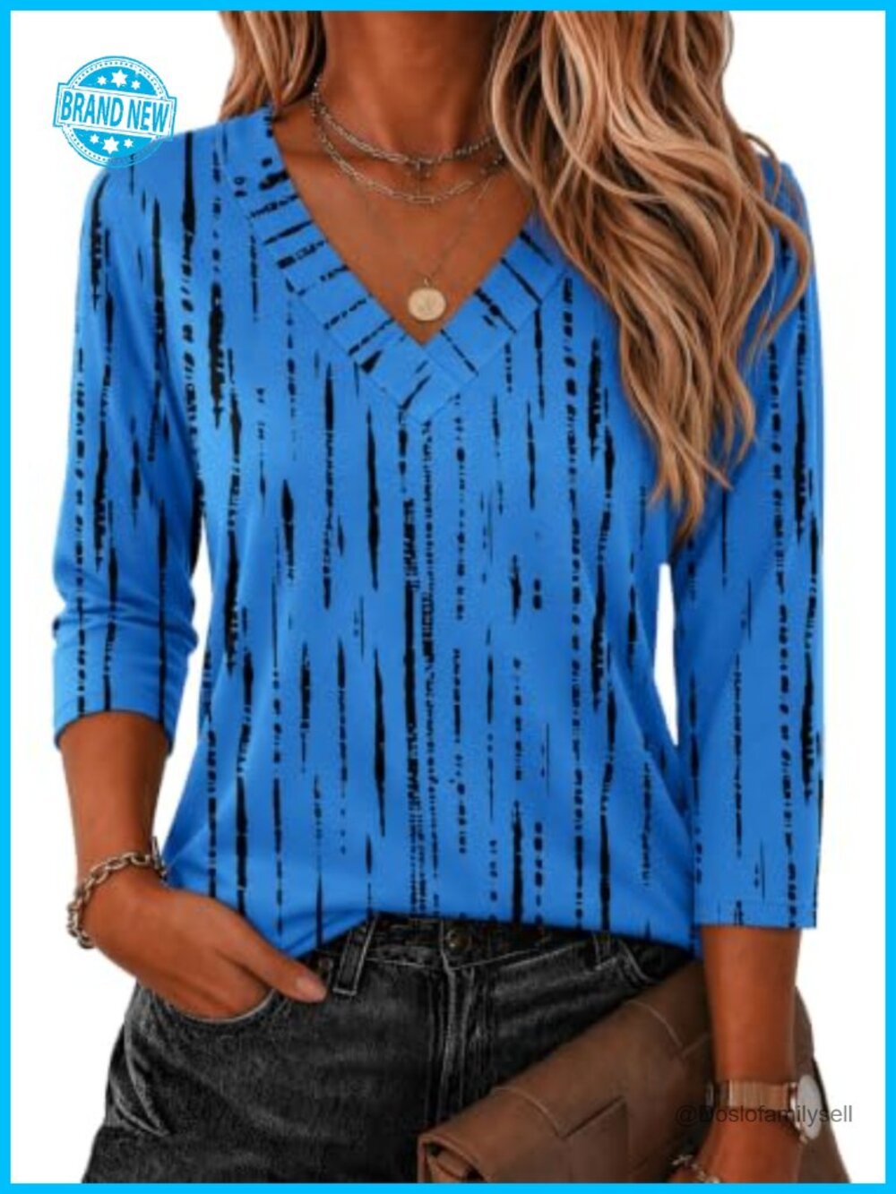 Womens 3/4 Sleeve V-Neck Blouse Tunic Casual Top Loose Fit